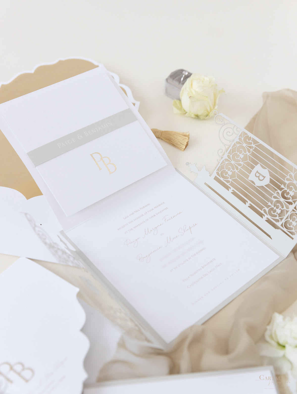 Villa Valentini Bonaparte | Invitation de mariage de lieu d'ornement de la porte d'ornement | Commission sur mesure P&B