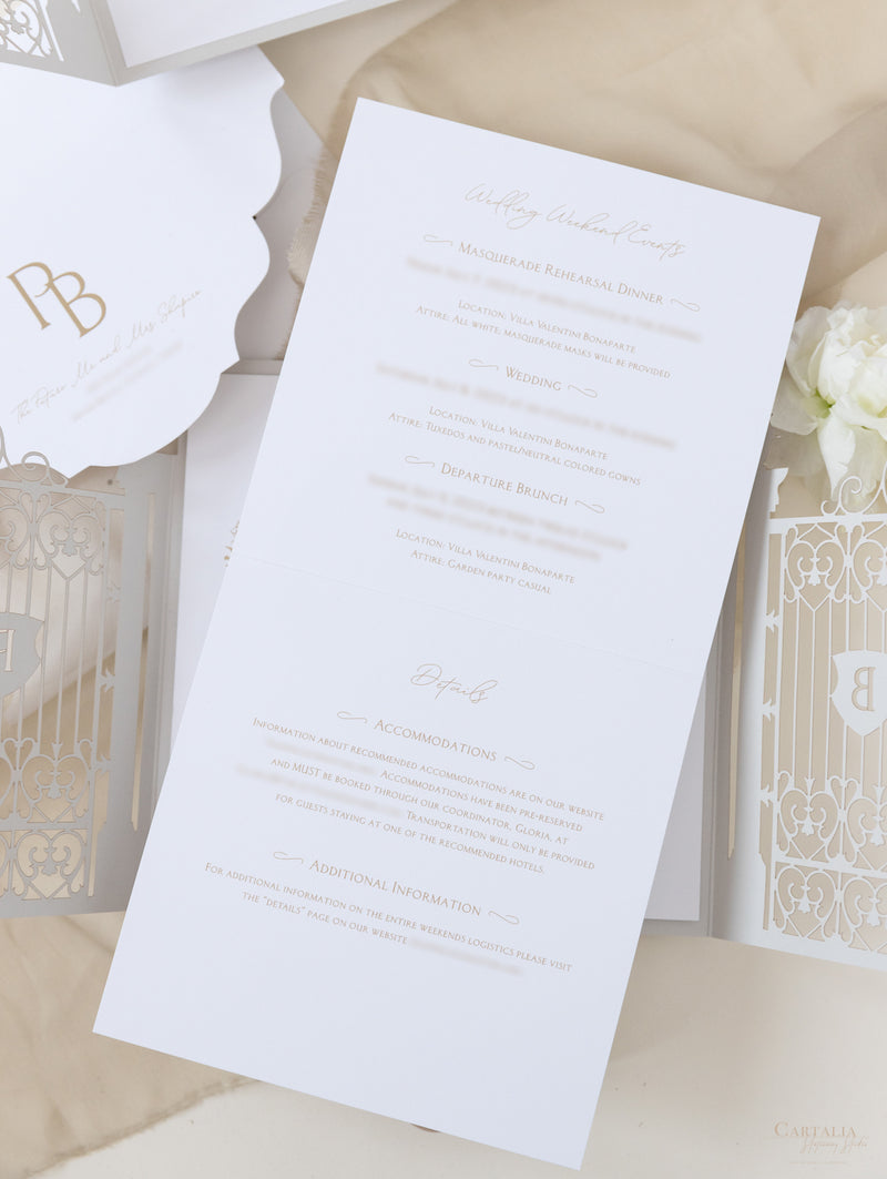 Villa Valentini Bonaparte | Ornamental Gate Foiled Venue Wedding Invitation | Bespoke Commission P&B