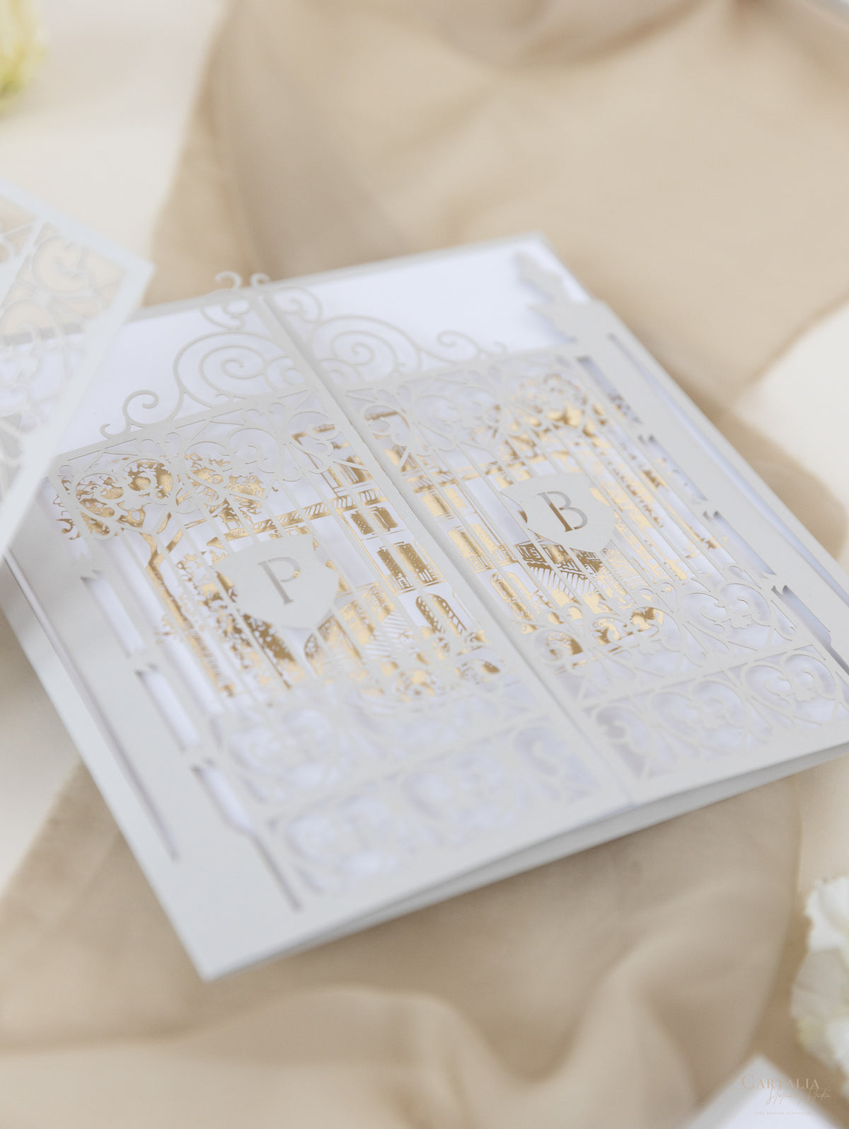 Villa Valentini Bonaparte | Ornamental Gate Foiled Venue Wedding Invitation | Bespoke Commission P&B