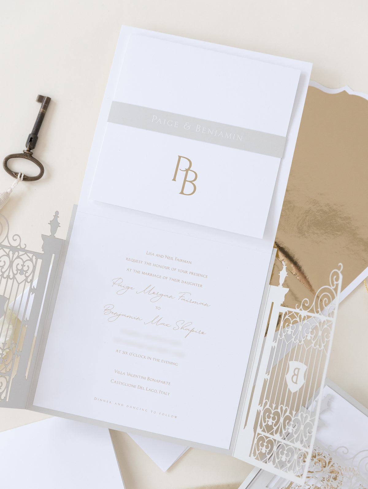 Villa Valentini Bonaparte | Invitation de mariage de lieu d'ornement de la porte d'ornement | Commission sur mesure P&B