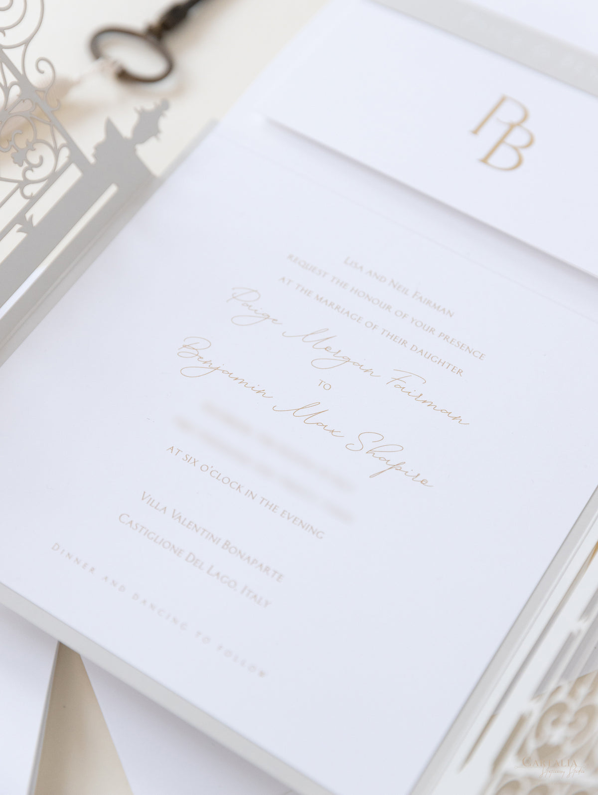 Villa Valentini Bonaparte | Invitation de mariage de lieu d'ornement de la porte d'ornement | Commission sur mesure P&B