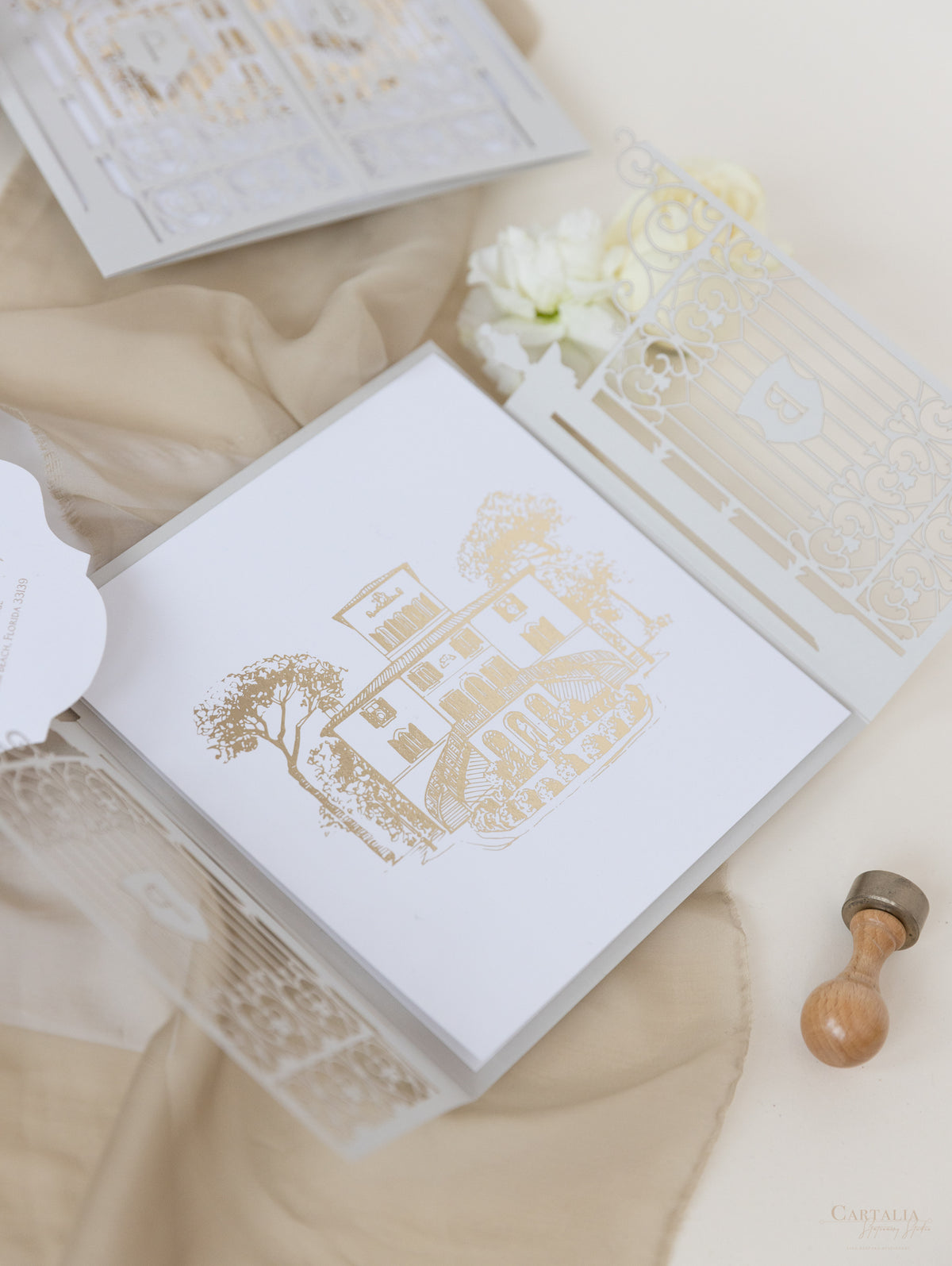 Villa Valentini Bonaparte | Ornamental Gate Foiled Venue Wedding Invitation | Bespoke Commission P&B