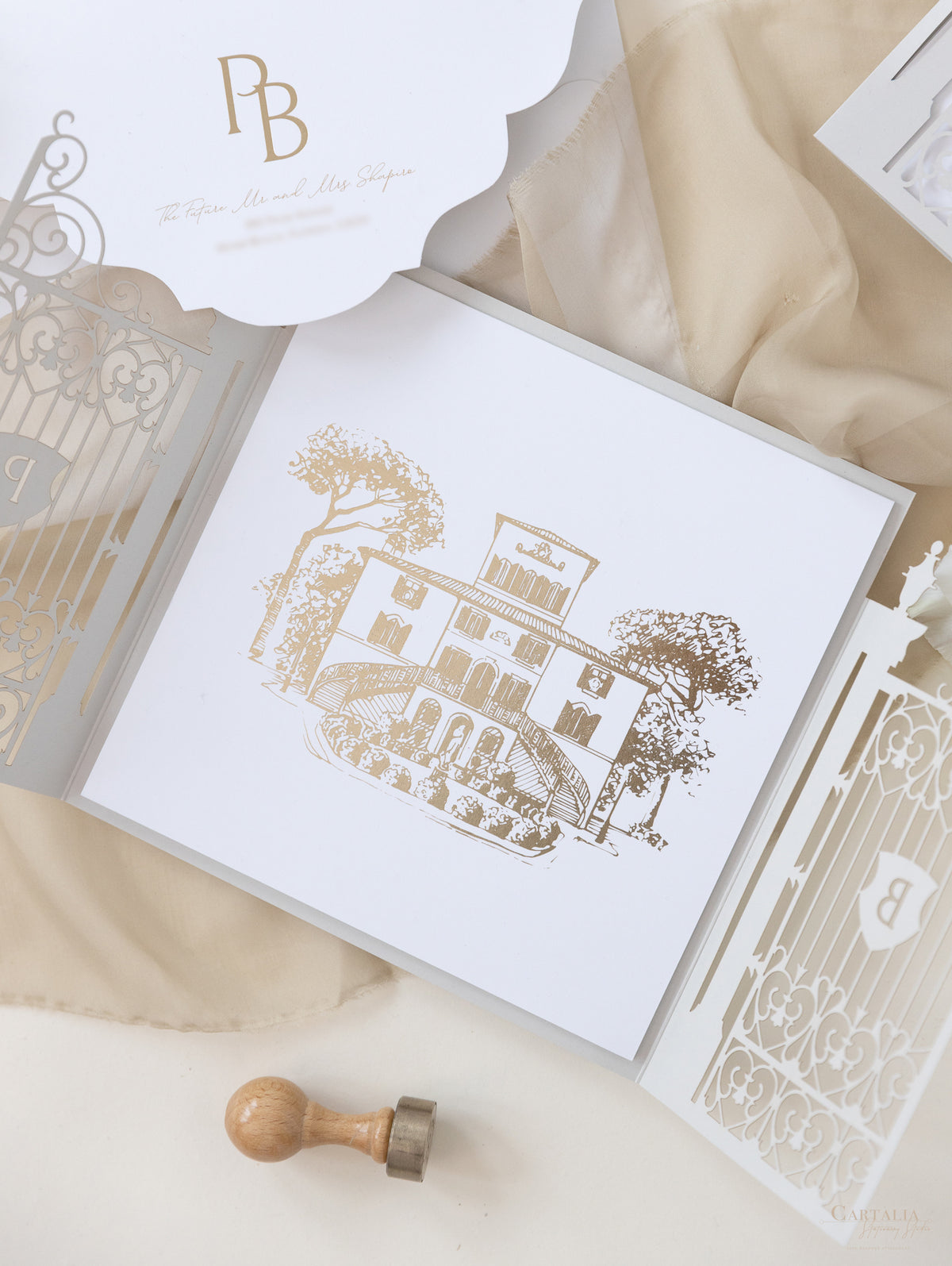 Villa Valentini Bonaparte | Ornamental Gate Foiled Venue Wedding Invitation | Bespoke Commission P&B