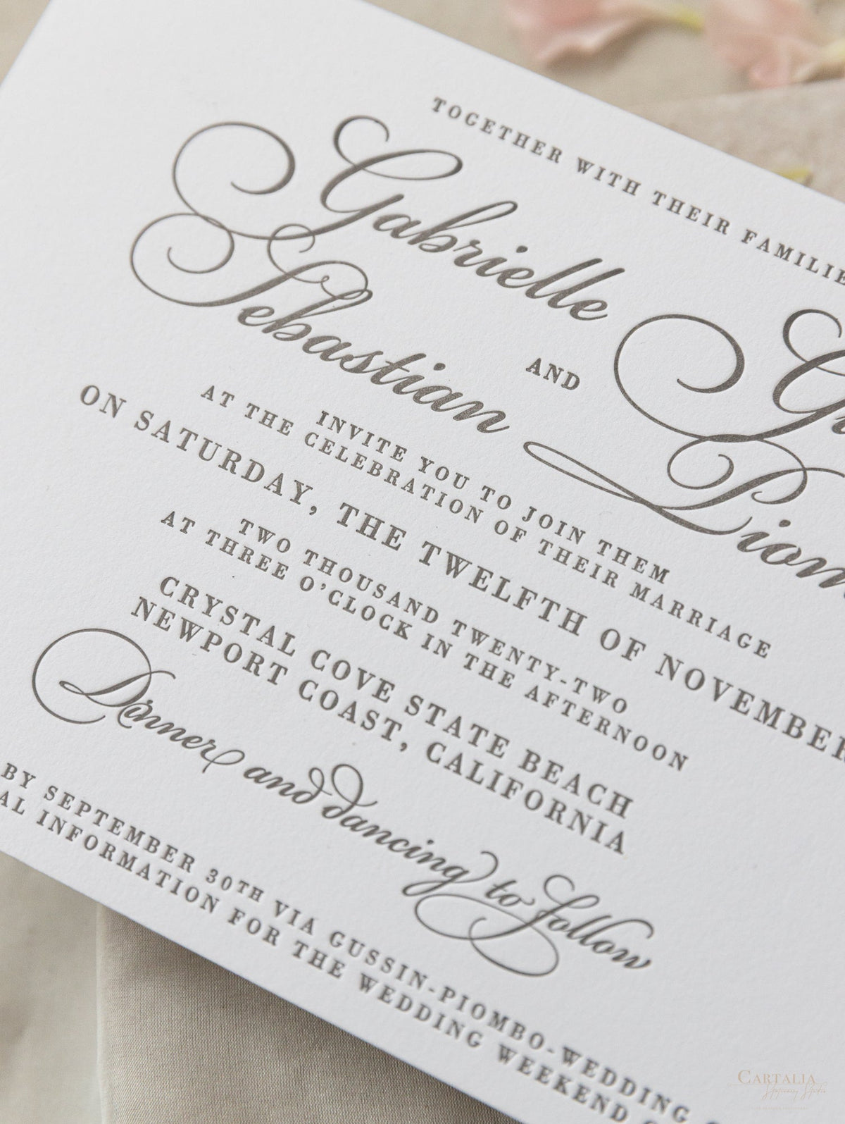 Invitation de jour de mariage élégant gris de luxe en 100% coton 710gsm