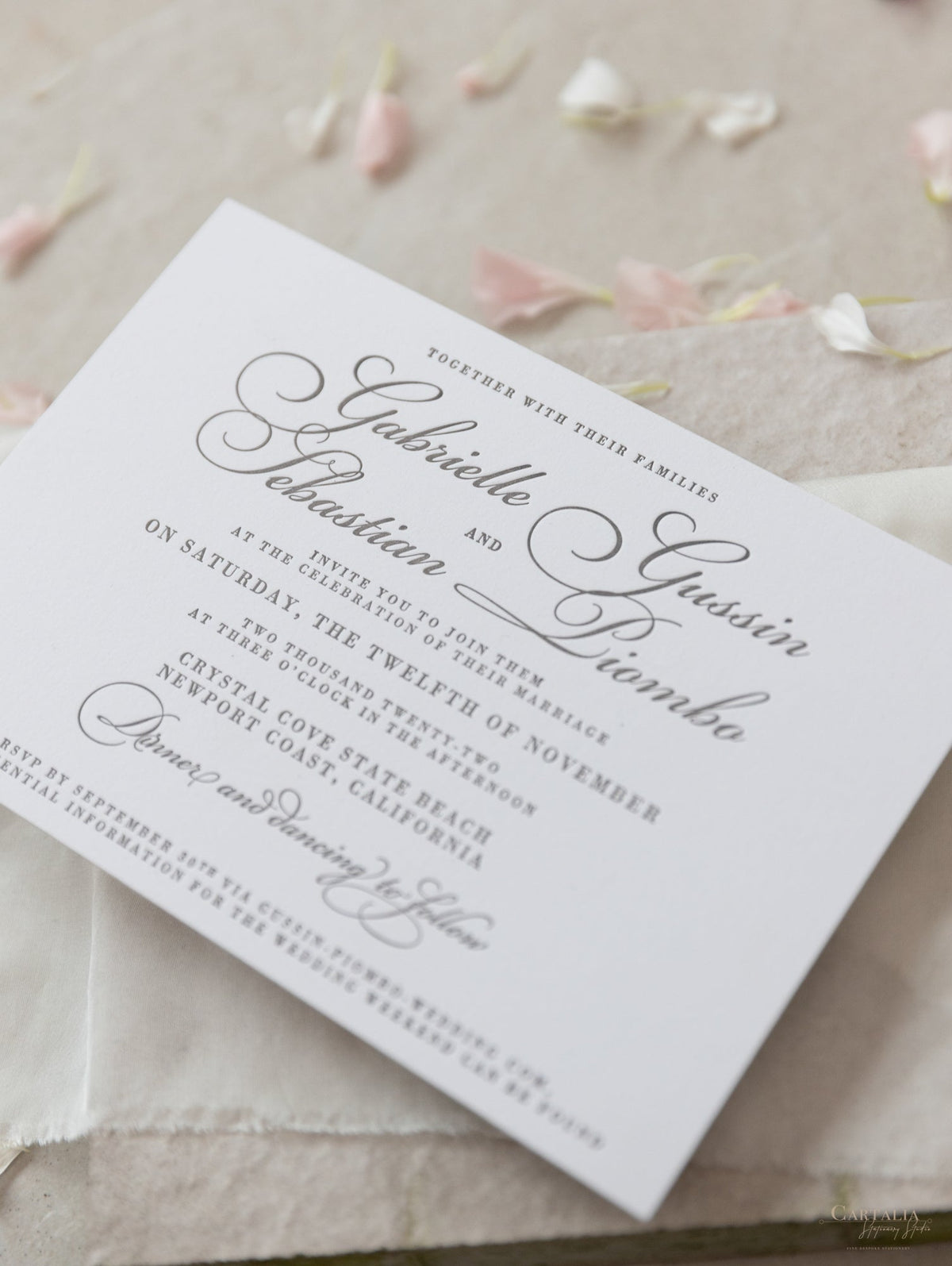 Invitation de jour de mariage élégant gris de luxe en 100% coton 710gsm