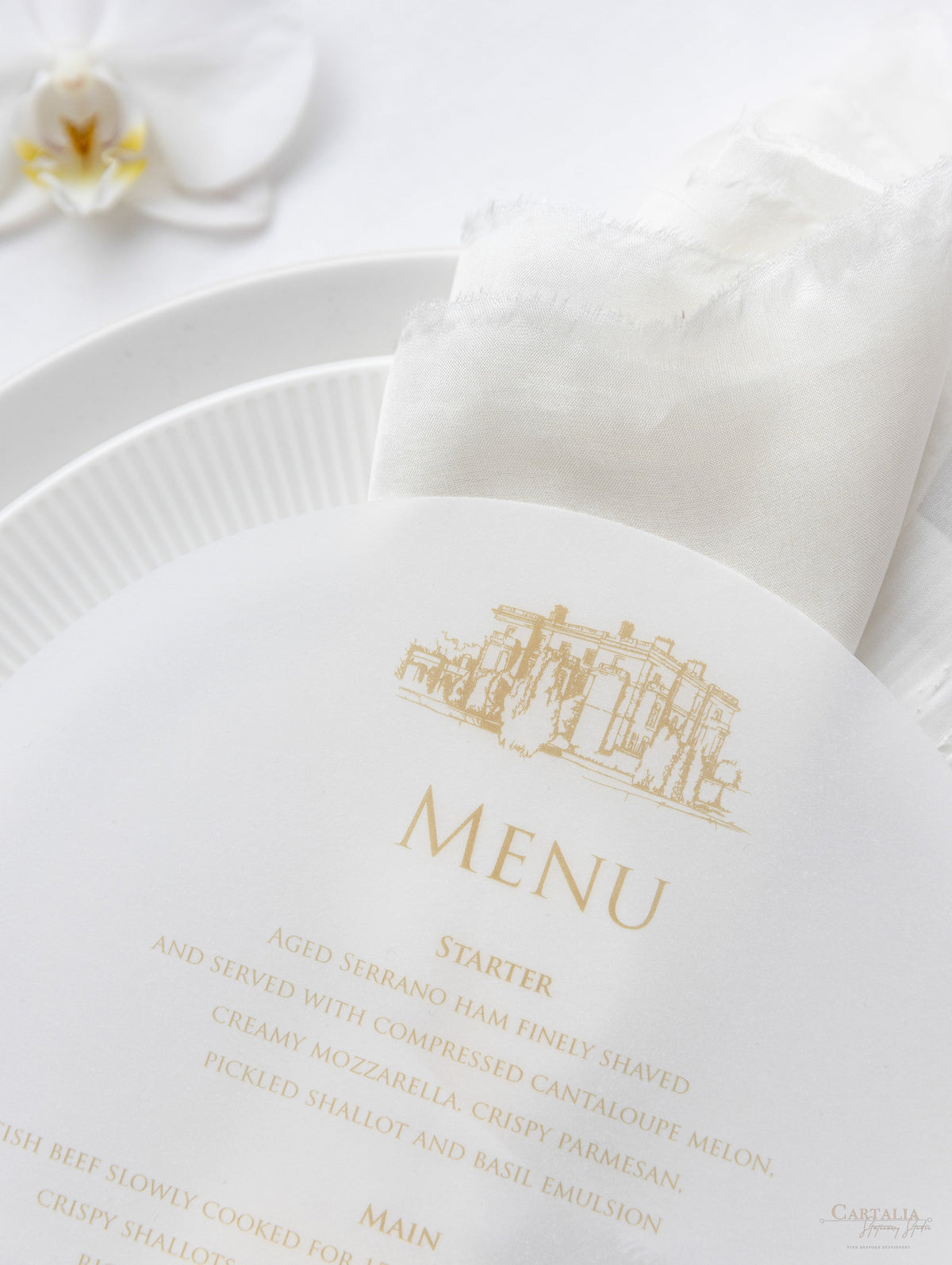 Vellum Circle Menu for Plates | Optional Venue Sketch