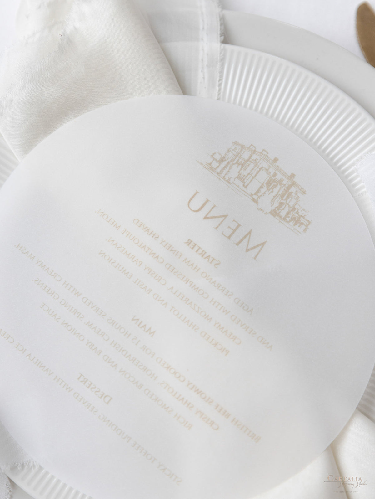 Vellum Circle Menu for Plates | Optional Venue Sketch