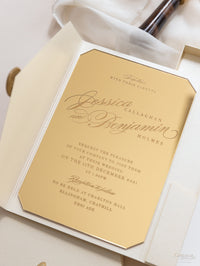 Invitation de mariage en boîte de luxe Enveloppe de poche et joint de cire et miroir moderne Gold Plexi Invitation de mariage avec RSVP et options de menu
