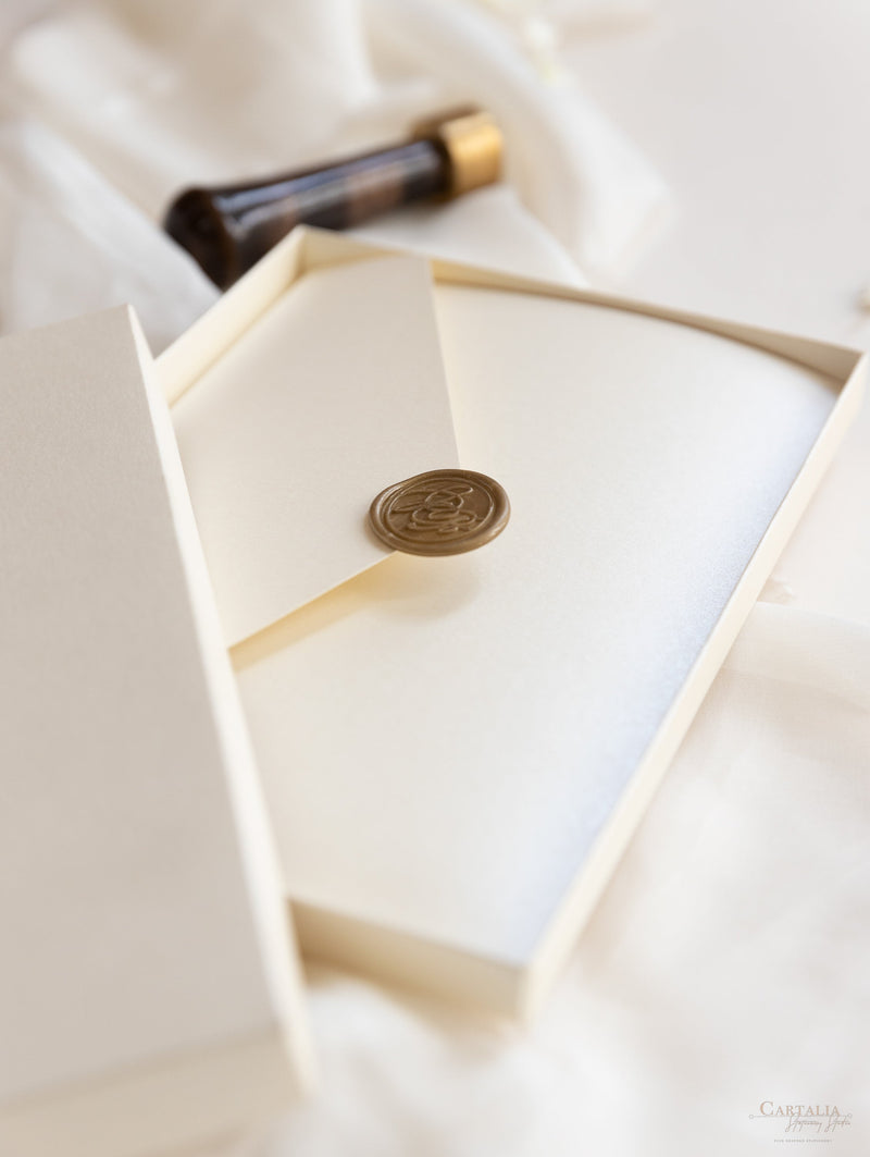 Luxury Boxed Wedding Invitation Pocket Envelope & Wax Seal and Modern Mirror Gold Plexi Wedding Invitation with Rsvp & Menu Options