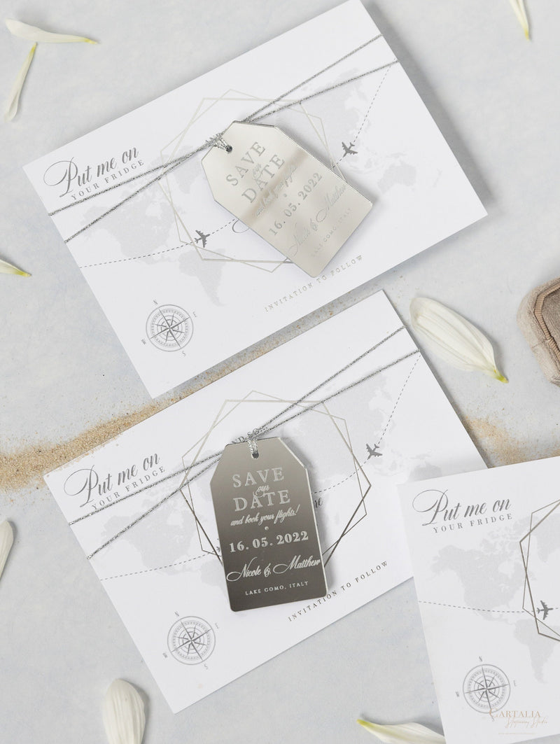 Silver Mirror Luggage Tag Magnet Save The Date Card