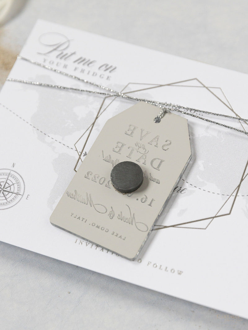 Silver Mirror Luggage Tag Magnet Save The Date Card