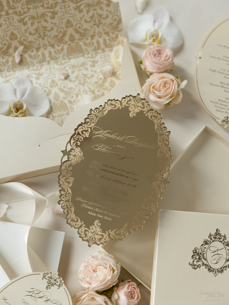 Mirror Acrylic Boxed Invitation in Custom Box and Boxed Envelope |  Bespoke Commission K&T