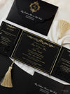 Black Velveteen Luxury Gold Foil Invitation pocket fold suite for Wedding Day, Rsvp, Info Card with Laser Cut pocket