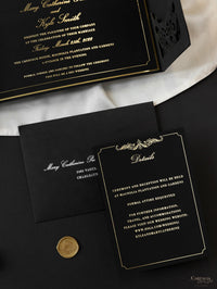 Suite pieghevole per invito in lamina d'oro di lusso in velluto nero per il giorno del matrimonio, RSVP, scheda informativa con tasca tagliata al laser