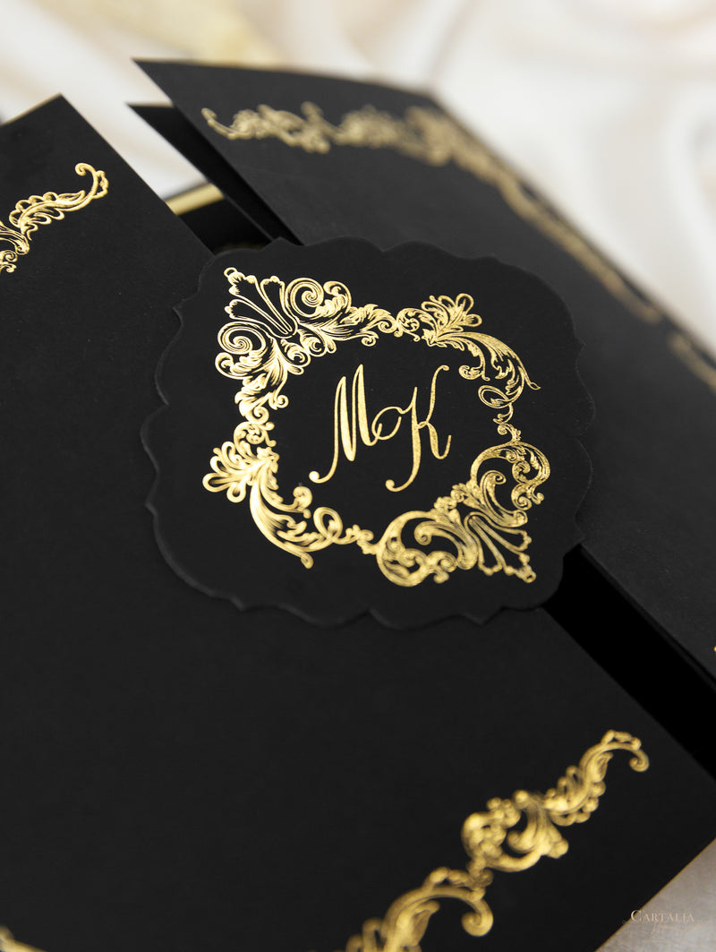 Black Velveteen Luxury Gold Foil Invitation Pocket Pold Suite pour