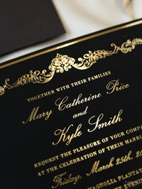 Suite pieghevole per invito in lamina d'oro di lusso in velluto nero per il giorno del matrimonio, RSVP, scheda informativa con tasca tagliata al laser