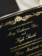 Black Velveteen Luxury Gold Foil Invitation pocket fold suite for Wedding Day, Rsvp, Info Card with Laser Cut pocket