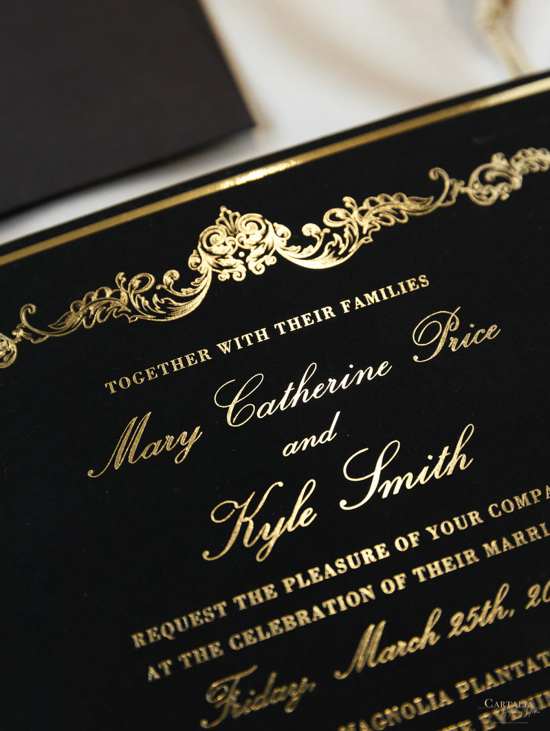 Black Velveteen Luxury Gold Foil Invitation Pocket Pold Suite pour