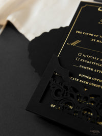 Black Velveteen Luxury Gold Foil Invitation Pocket Pold Suite pour le jour du mariage, RSVP, carte d'information avec poche coupée au laser