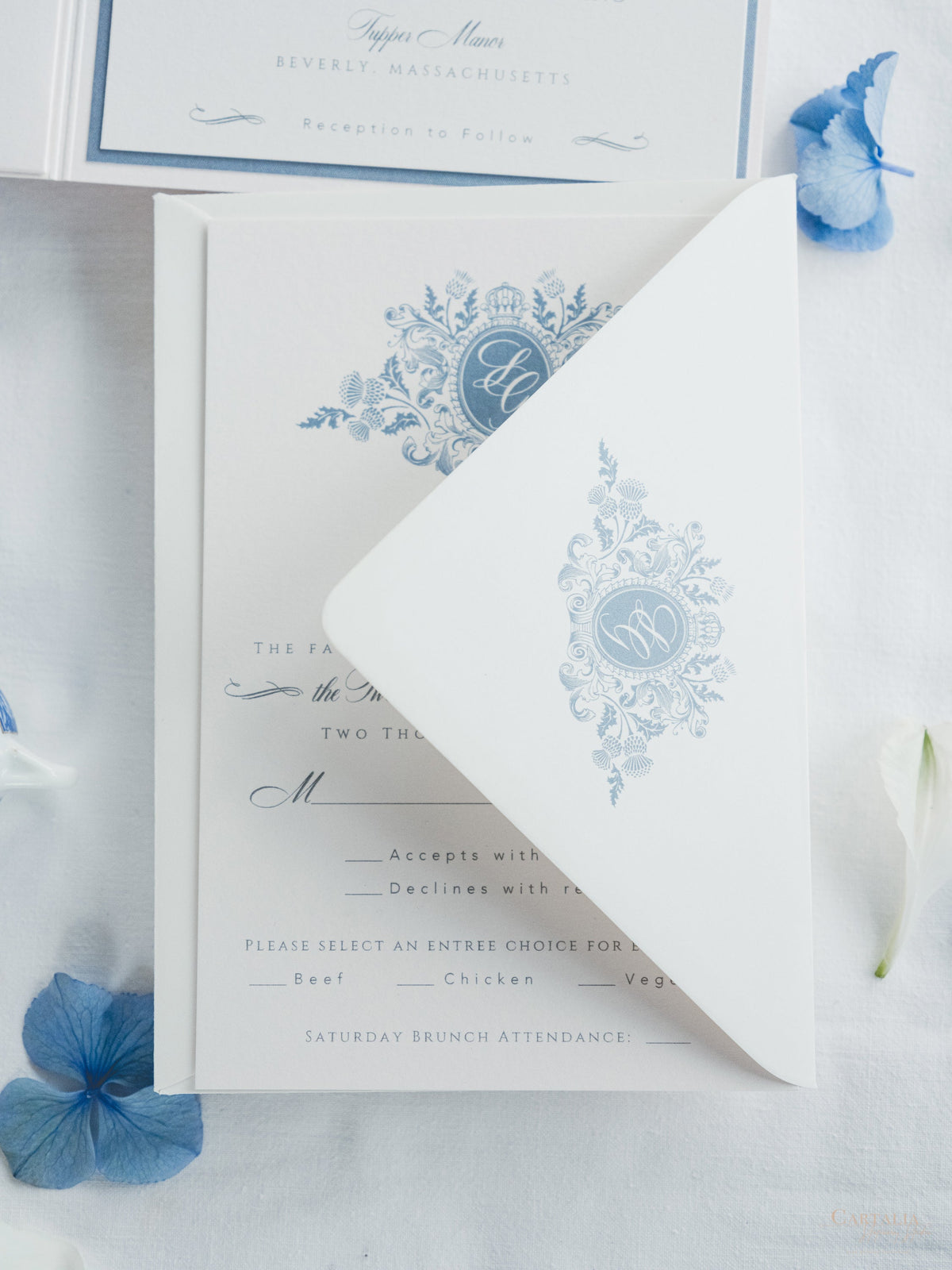 Watercolour Wedding Invitation with your Venue  | Luxury Pocket with Letterpress and Deckled Edge Envelope