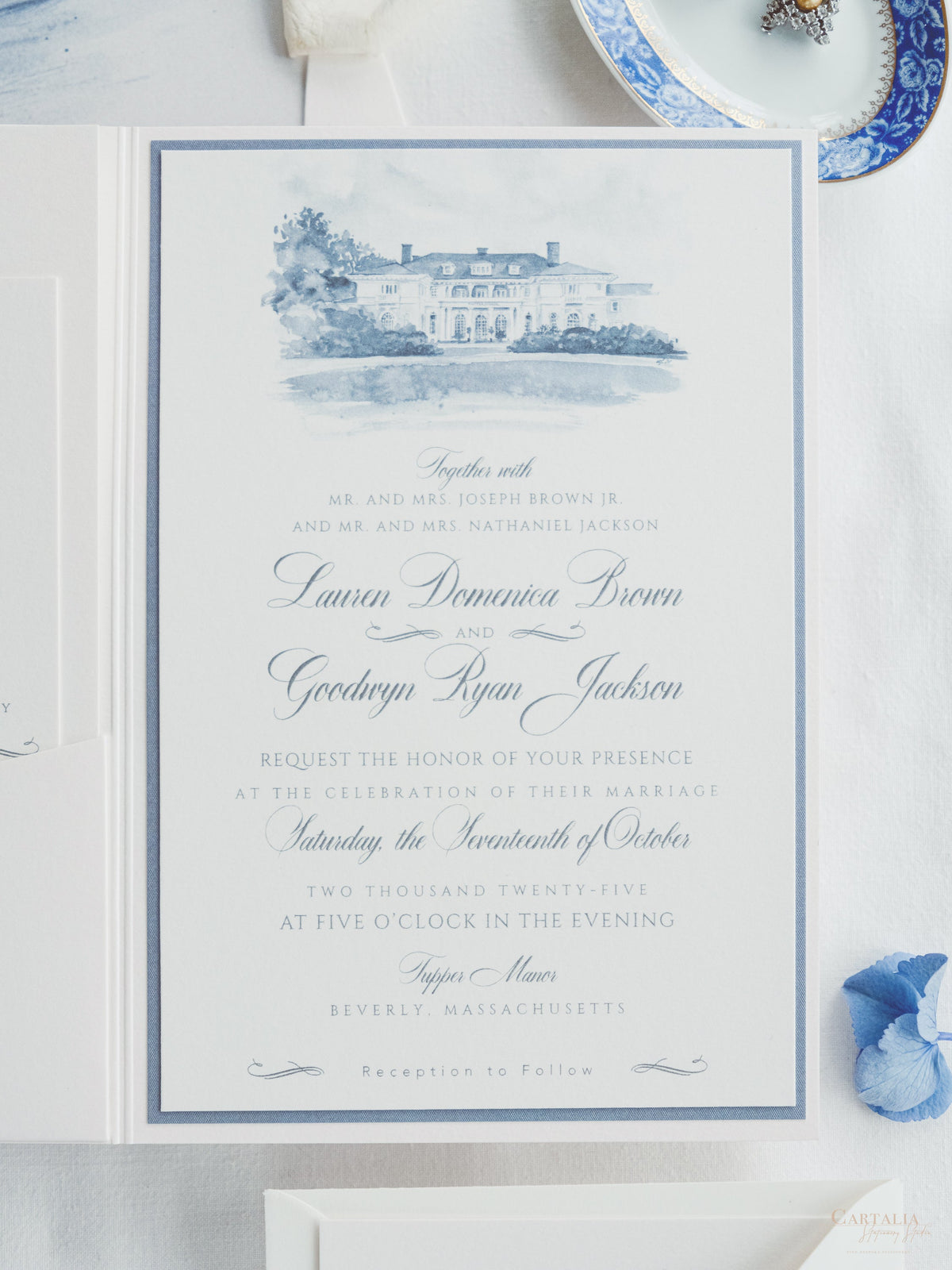 Invitation de mariage aquarelle avec votre lieu | Poche de luxe avec typographie et enveloppe de bord pont
