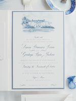 Watercolour Wedding Invitation with your Venue  | Luxury Pocket with Letterpress and Deckled Edge Envelope