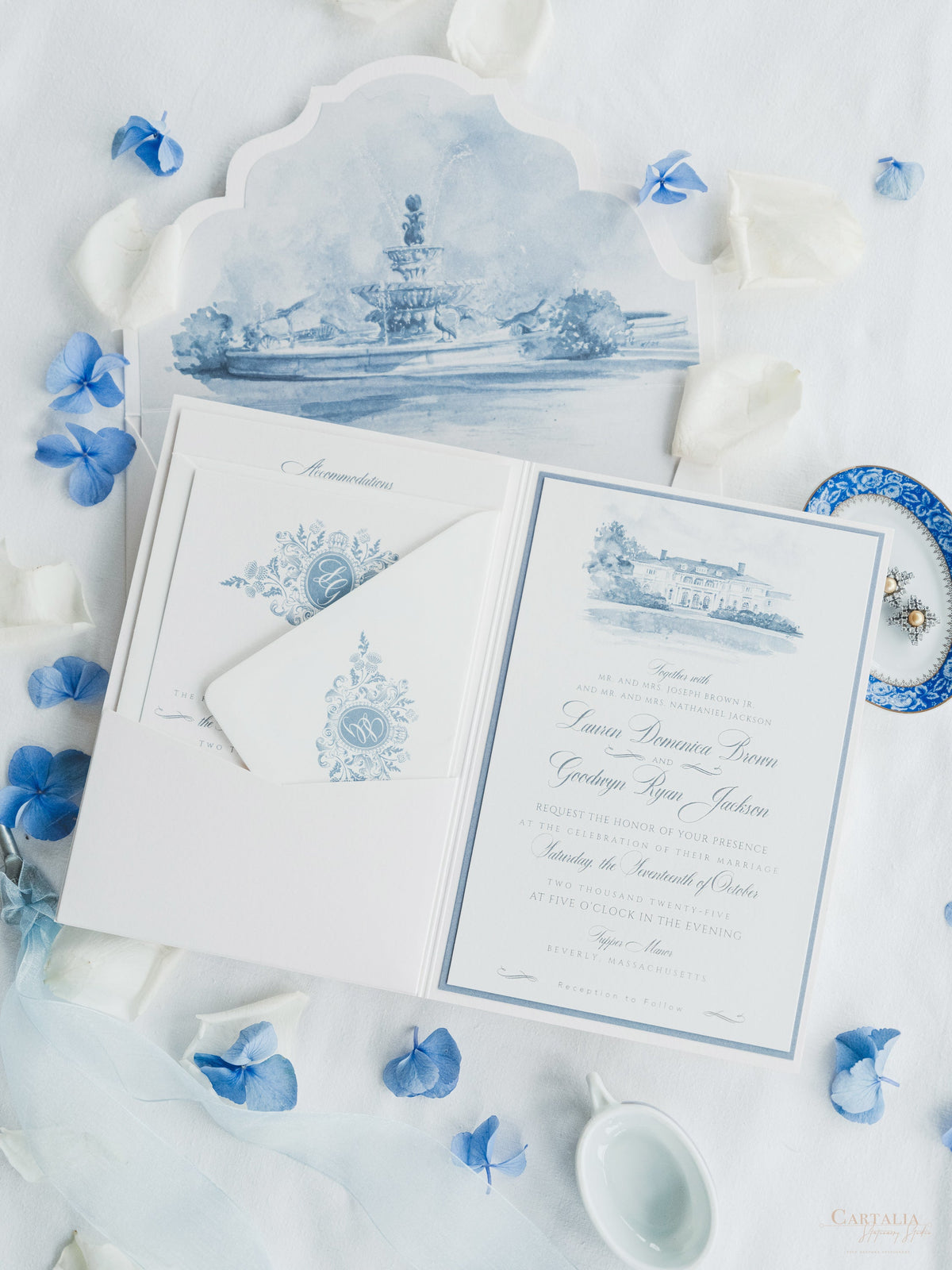 Invitation de mariage aquarelle avec votre lieu | Poche de luxe avec typographie et enveloppe de bord pont