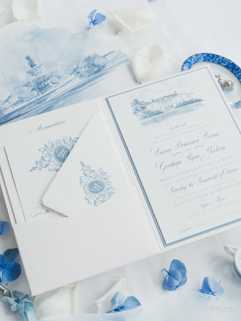 Watercolour Wedding Invitation with your Venue  | Luxury Pocket with Letterpress and Deckled Edge Envelope