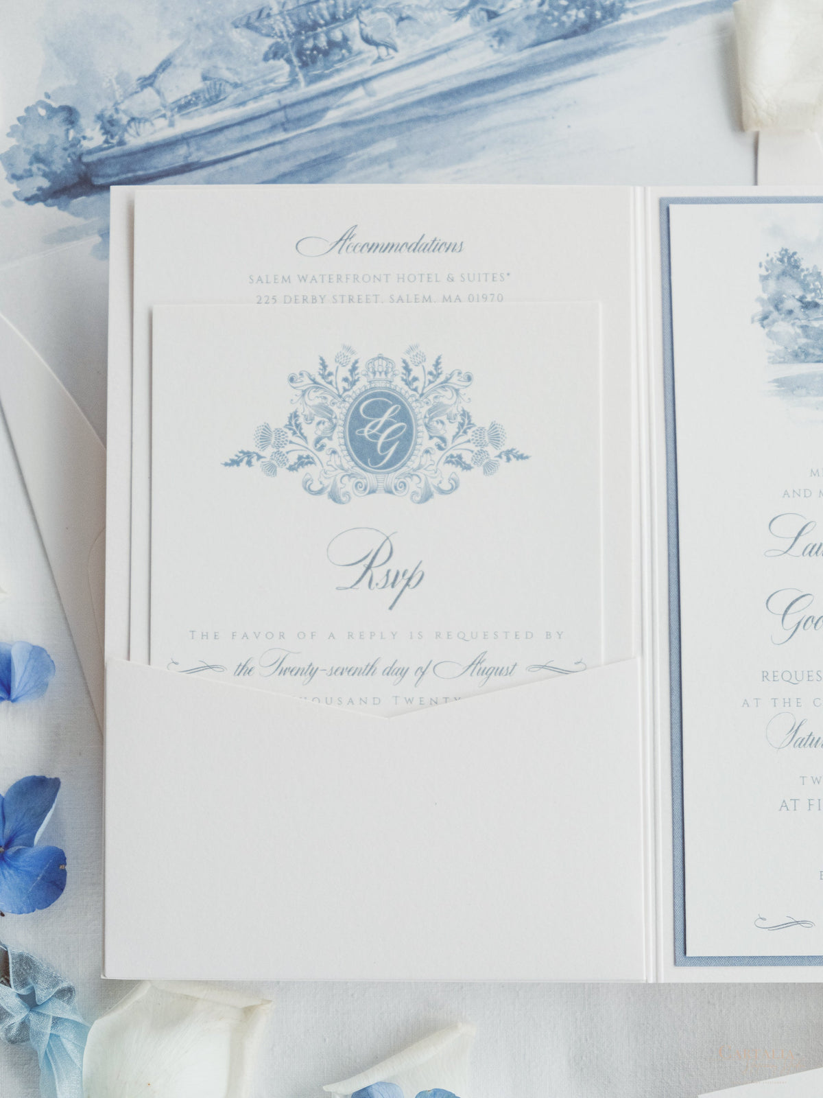 Invitation de mariage aquarelle avec votre lieu | Poche de luxe avec typographie et enveloppe de bord pont