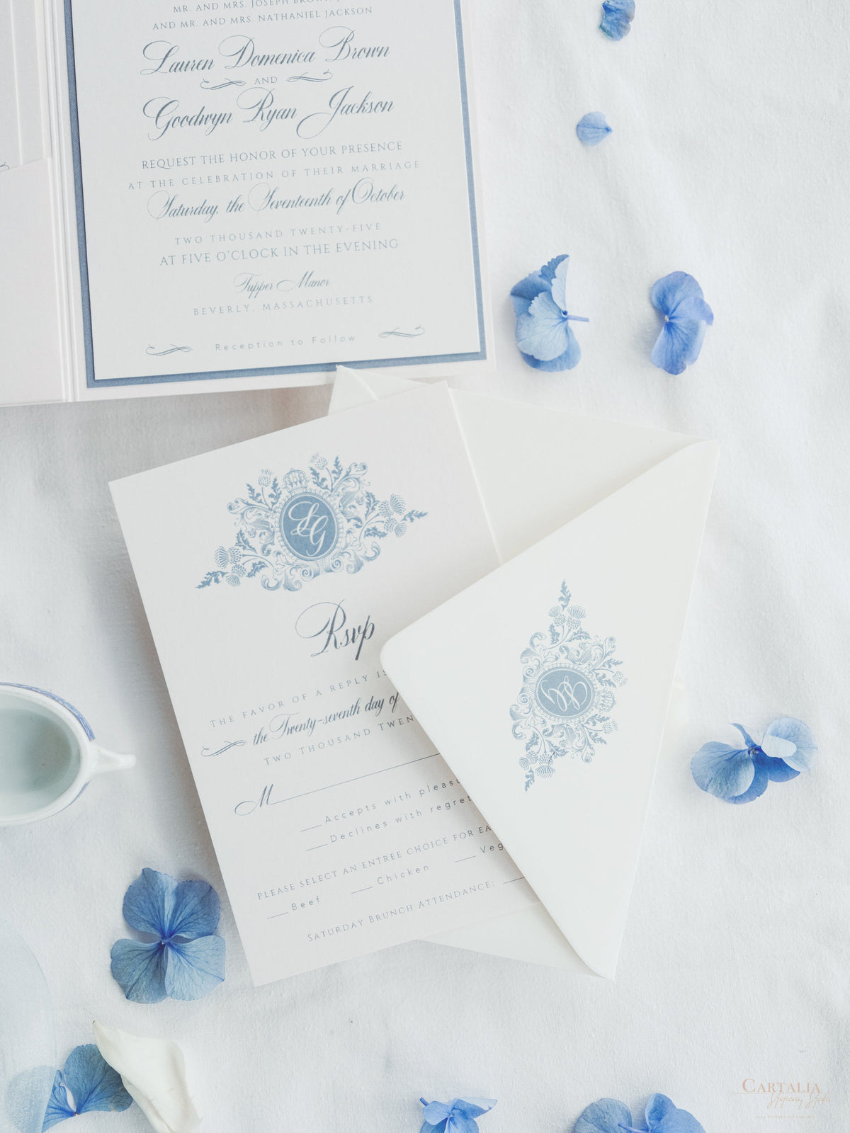 Watercolour Wedding Invitation with your Venue  | Luxury Pocket with Letterpress and Deckled Edge Envelope