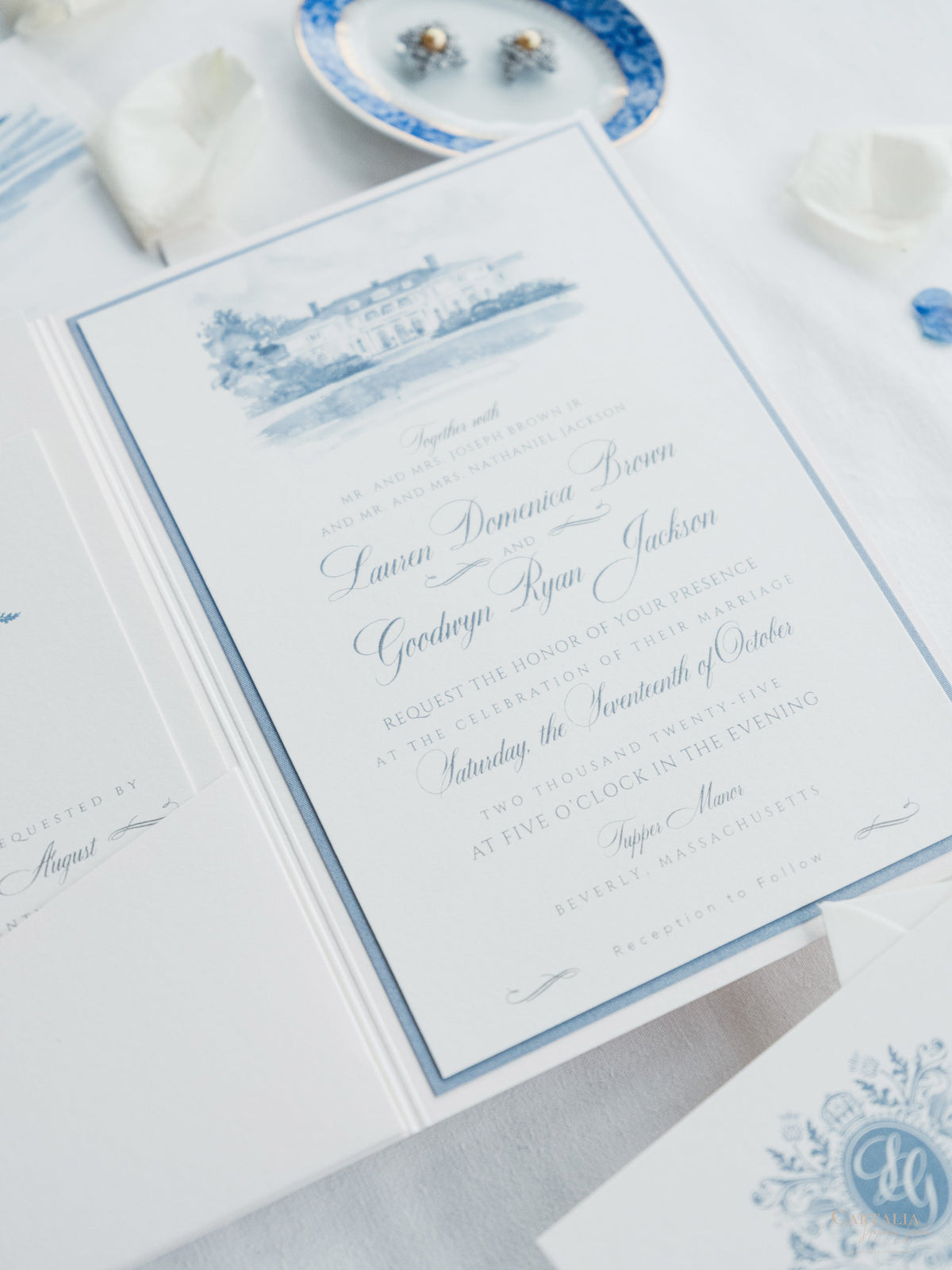 Invitation de mariage aquarelle avec votre lieu | Poche de luxe avec typographie et enveloppe de bord pont