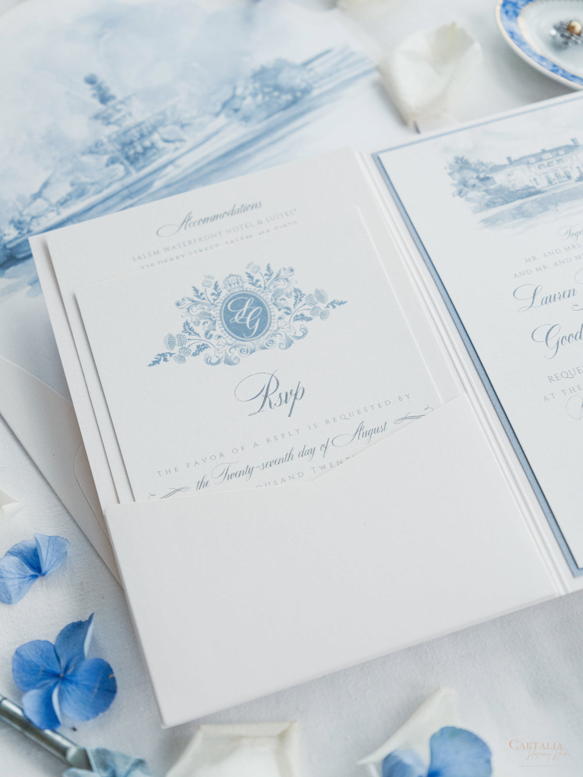 Invitation de mariage aquarelle avec votre lieu | Poche de luxe avec typographie et enveloppe de bord pont