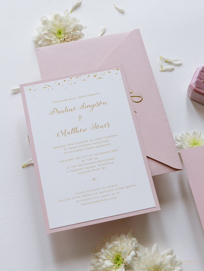 Confetti Dotted Blush Pink Evening Invitation with Gold Foil Monogram + Envelope