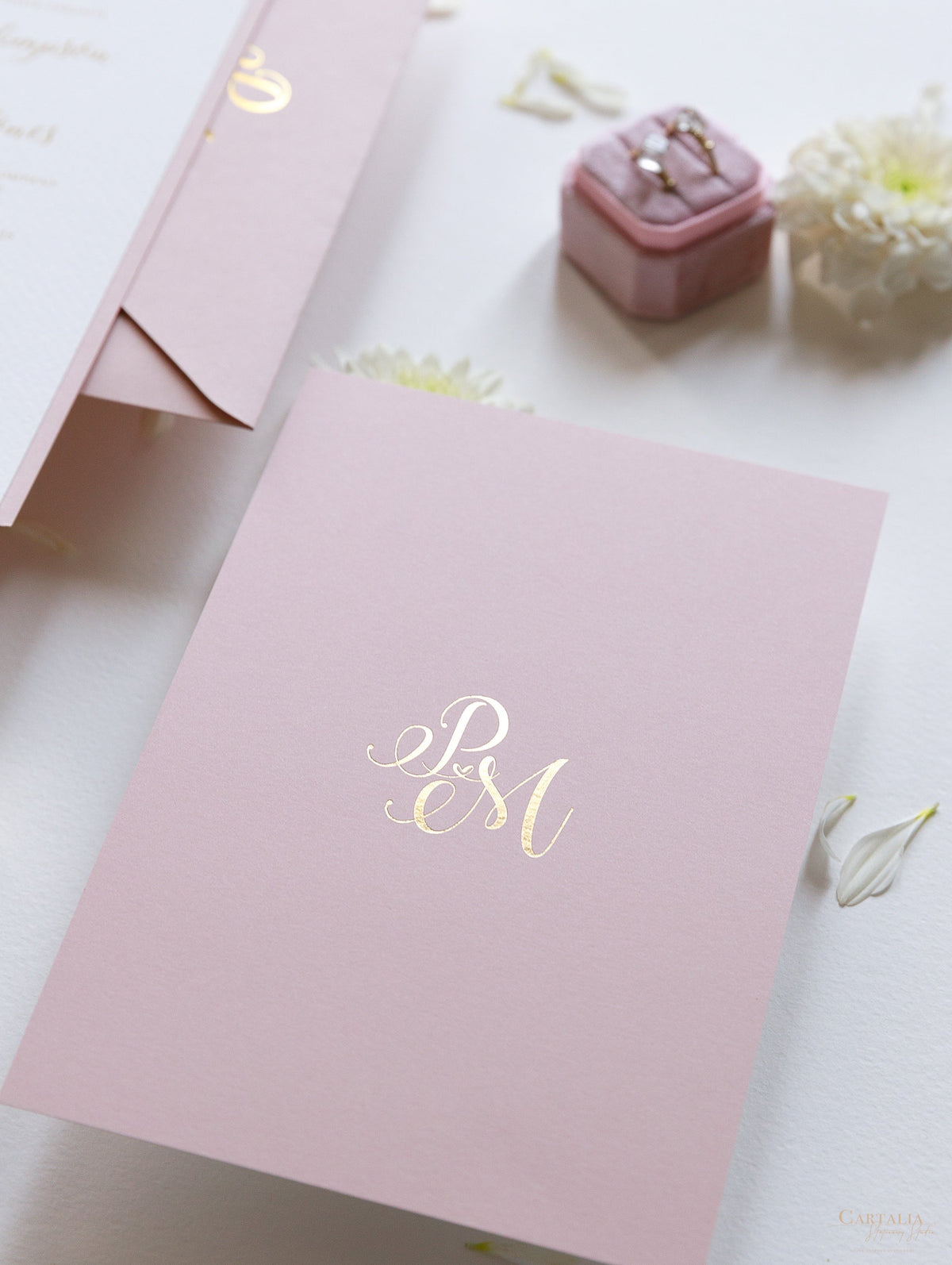 Confetti Dotted Blush Pink Evening Invitation with Gold Foil Monogram + Envelope