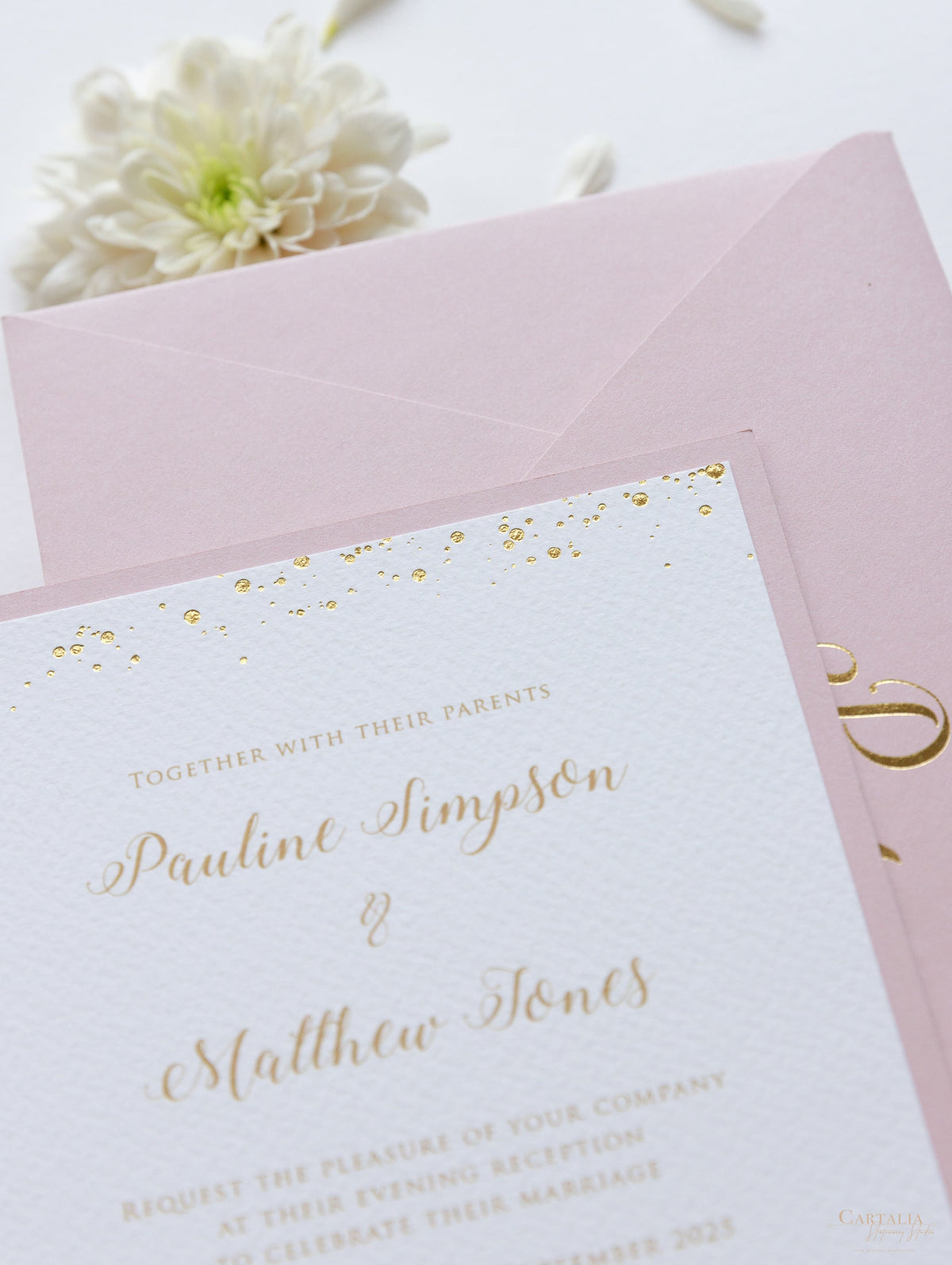 Confetti Dotted Blush Pink Evening Invitation with Gold Foil Monogram + Envelope