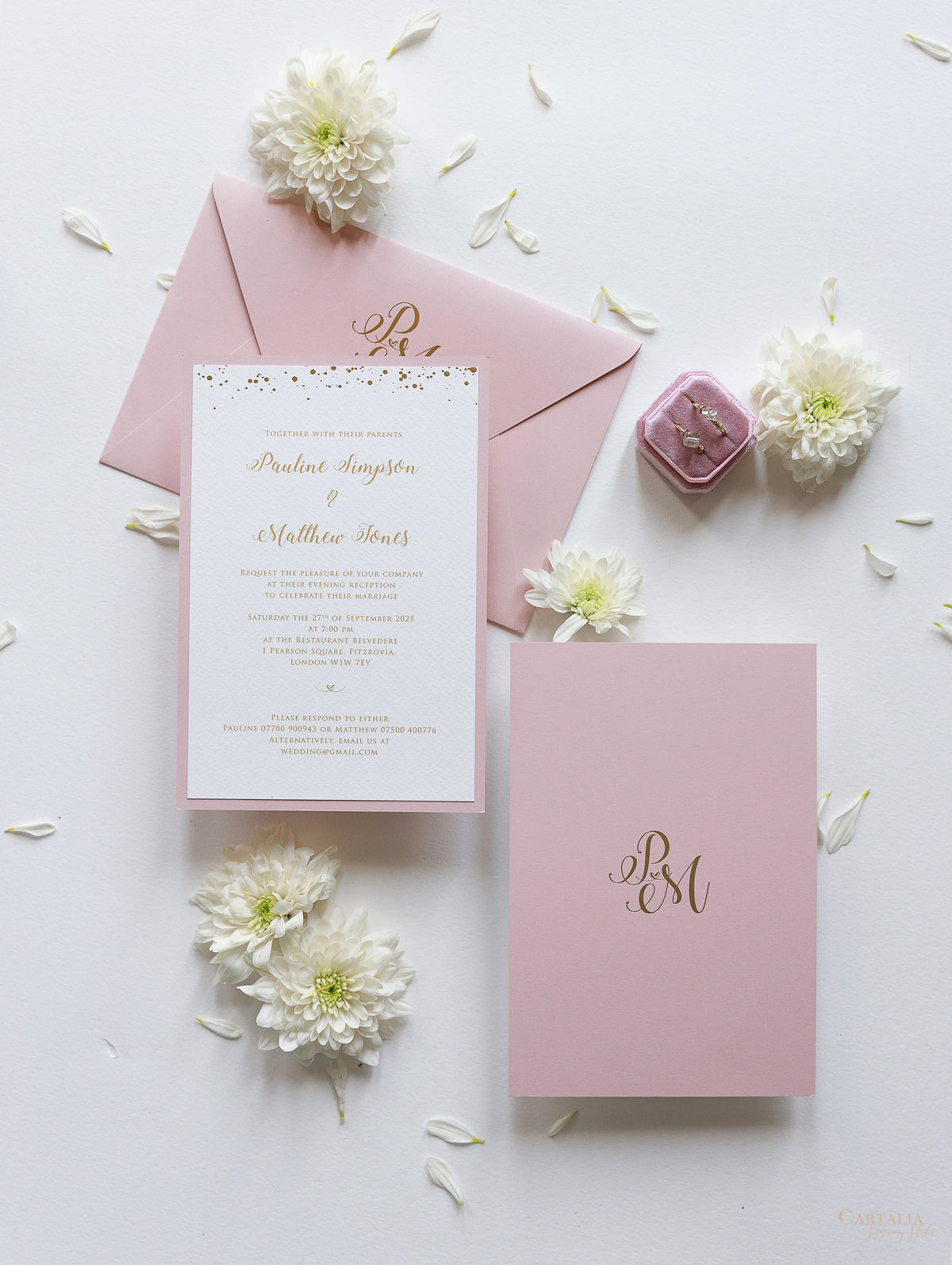 Confetti Dotted Blush Pink Evening Invitation with Gold Foil Monogram + Envelope