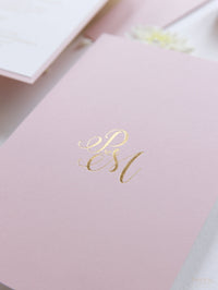 Confetti Distid Blush Pink Evening Invitation with Gold Foil Monogram + Enveloppe