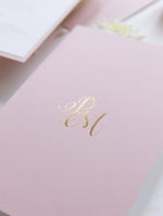 Confetti Dotted Blush Pink Evening Invitation with Gold Foil Monogram + Envelope