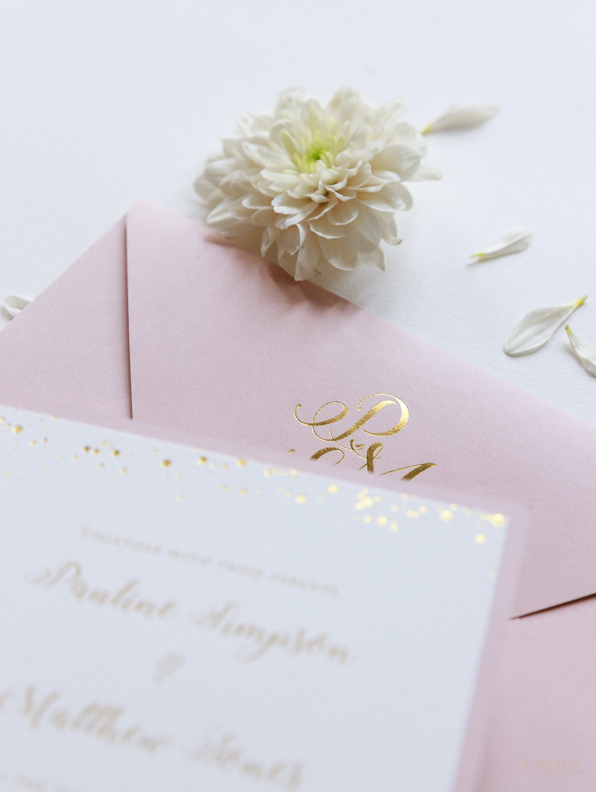 Confetti Dotted Blush Pink Evening Invitation with Gold Foil Monogram + Envelope