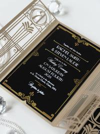 Invitación desplegable para el día de la boda con corte láser del Gran Gatsby Art Déco dorado