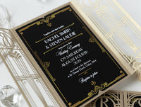 Invito per il giorno delle nozze apribile con taglio laser Art Deco del Grande Gatsby nero e oro