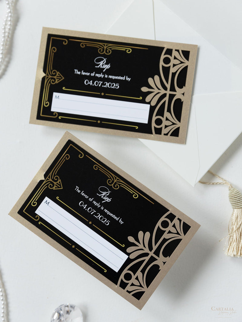 Black & Gold Art Deco Great Gatsby Laser Cut Gatefold Wedding Day Invitation