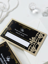 Invitación plegable para el día de la boda con corte láser del Gran Gatsby Art Déco en negro y dorado