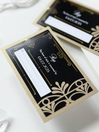 Invitación plegable para el día de la boda con corte láser del Gran Gatsby Art Déco en negro y dorado