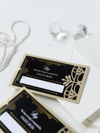 Invitación plegable para el día de la boda con corte láser del Gran Gatsby Art Déco en negro y dorado