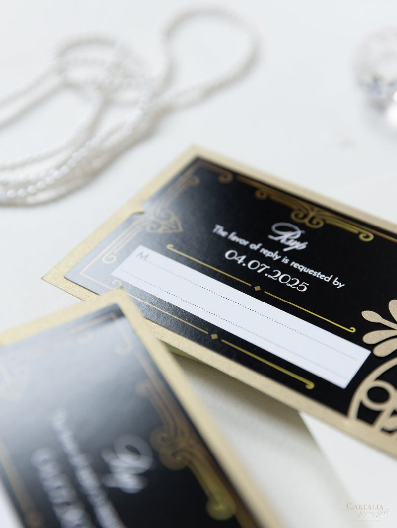 Invito per il giorno delle nozze apribile con taglio laser Art Deco del Grande Gatsby nero e oro