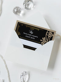 Invitación plegable para el día de la boda con corte láser del Gran Gatsby Art Déco en negro y dorado