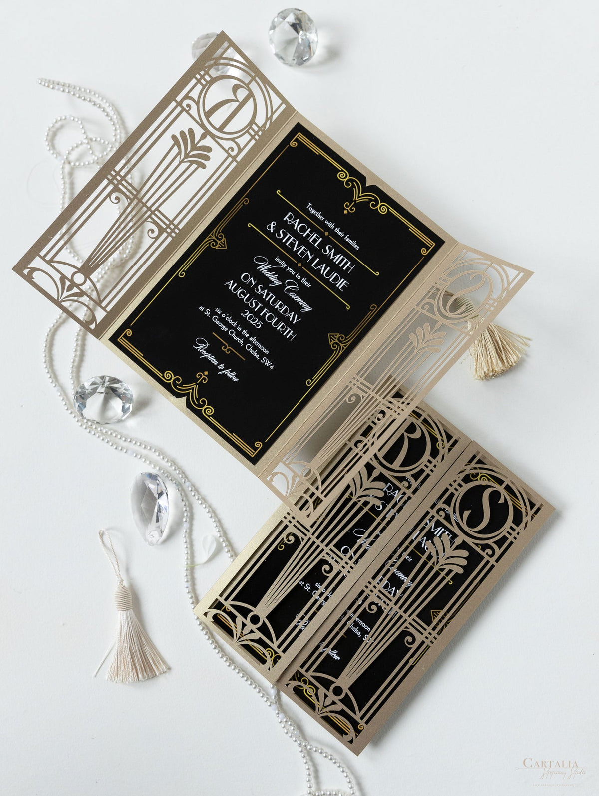 Golden Art Deco Great Gatsby Laser Cut Gatefold Wedding Day Invitation