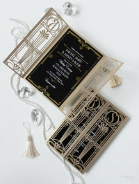 Invitación desplegable para el día de la boda con corte láser del Gran Gatsby Art Déco dorado