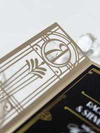 Invito per il giorno delle nozze apribile con taglio laser Art Deco del Grande Gatsby nero e oro